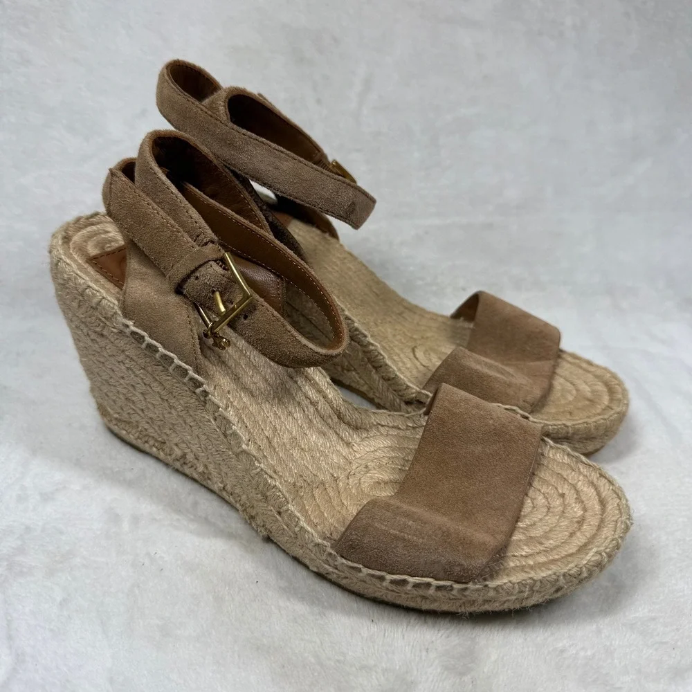 Tory Burch Ines Suede Espadrille Wedge Sandals Brown Ankle Strap 4in Heel 7.5